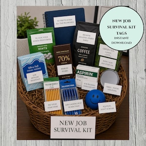 May include: A wicker basket filled with a "New Job Survival Kit." The kit includes coffee, tea, tissues, mints, dark chocolate, aspirin, pencils, pens, a stress ball, and a notebook. The kit is designed to help navigate the challenges of a new job.
