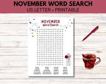 November Word Search, Autumn Word Find, Fall Printable Puzzle