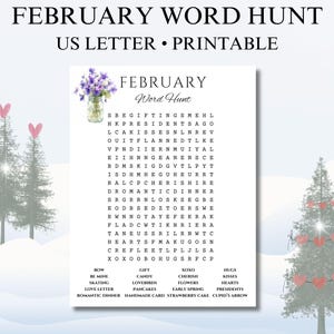May include: A printable February word hunt game on a white sheet with the title FEBRUARY Word Hunt, a grid of letters, and a list of words to find. A small illustration of purple flowers in a glass mason jar is positioned in the top left corner.