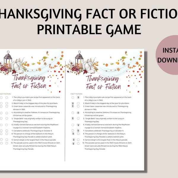 Thanksgiving Fact or Fiction Printable Game, Autumn Game, Thanksgiving Table Game