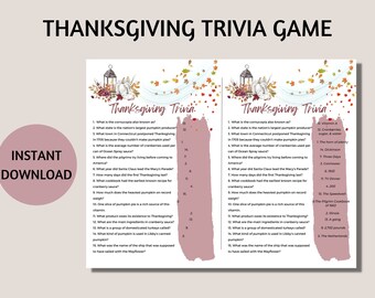 Thanksgiving Trivia Game Printable, Fall Party Entertainment, Festive Thanksgiving Activity