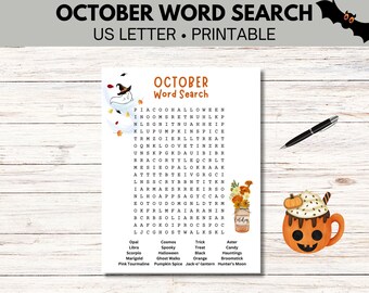 October Word Search, Autumn Word Find, Halloween printable game