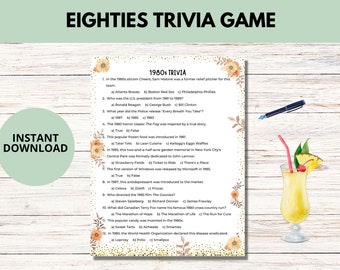 Eighties Trivia Game Printable, 1980s Memorabilia, 80s Nostalgia, PDF