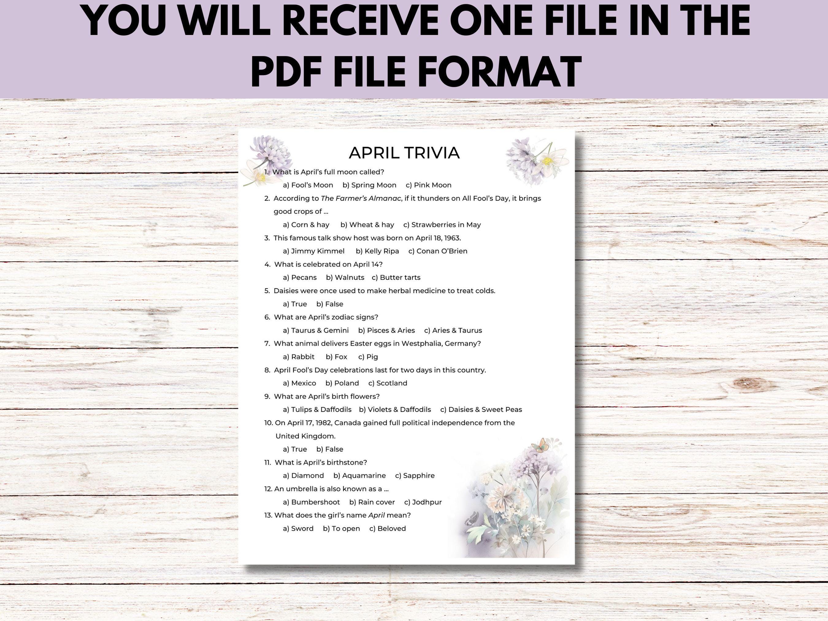 April Trivia Game Printable, Spring Classroom Activity, Easter ...