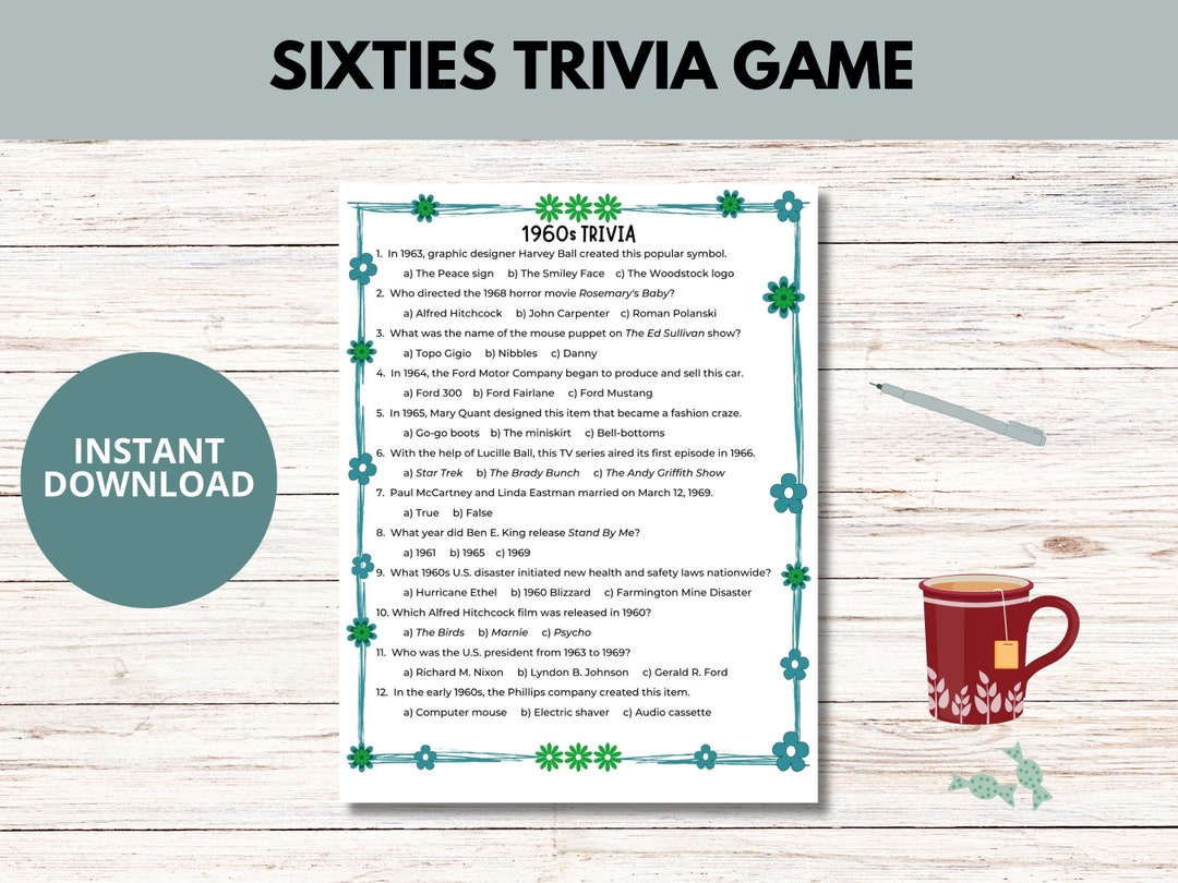 Sixties Trivia Game Printable, 1960s Nostalgia, Sixties Memorabilia - Etsy