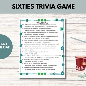 Sixties Trivia Game Printable, 1960s Nostalgia, Sixties Memorabilia