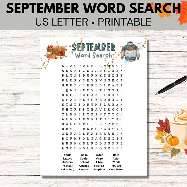 September Word Search, Autumn Word Find, Printable Puzzle