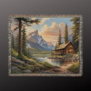 Mountain Cabin Rustic Woven Blanket - Cozy Home Decor, Nature Lover Gift, Cabin Decor, River Blanket, Winter Blanket