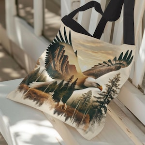 Bald Eagle Double Exposure Tote Bag, Majestic Nature Art, Forest & Mountain Design, Durable All-Over Print Bag, Eagle Gift, Eagle Tote Bag