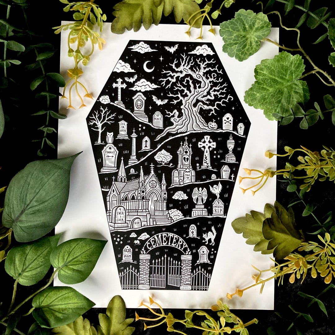Spooky Cemetery Art Print: Gothic Graveyard Illustration (8.5" X 11 ...