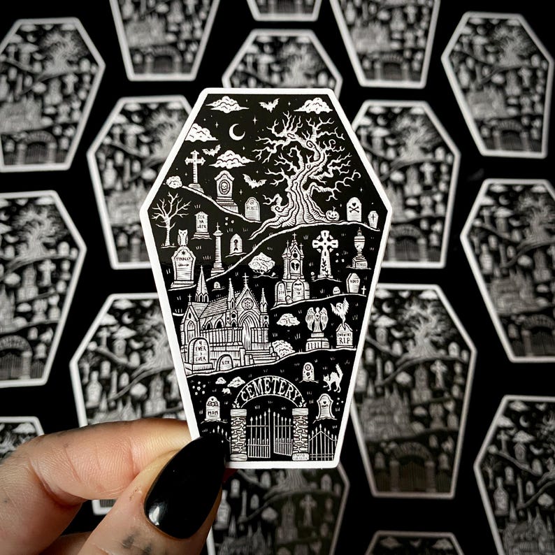 Cemetery Stroll Sticker: Coffin Graveyard Art, Waterproof Vinyl (3 In ...