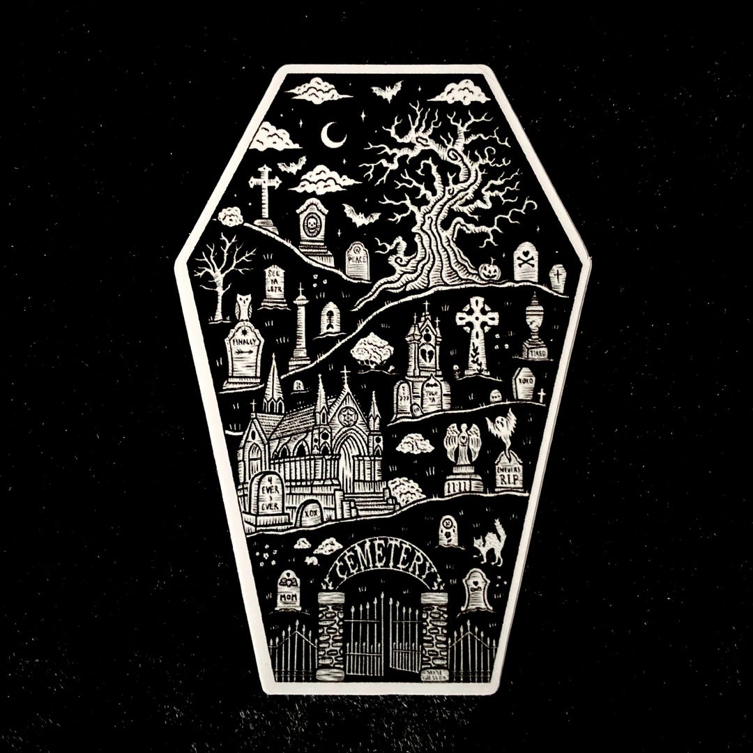 Cemetery Stroll Sticker: Coffin Graveyard Art, Waterproof Vinyl (3 In ...