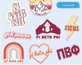 May include: A collection of colorful stickers featuring the Greek letters Pi Beta Phi, the year 1867, and various phrases like "girl power" and "viva la piphi".