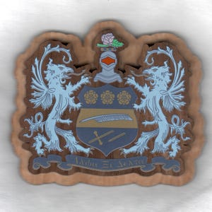 May include: A wooden crest with a blue and gold shield, two blue winged creatures, and a rose on top. The shield has three gold roses and a quill pen. The text "Adbe Et Delta" is on a banner below the shield.
