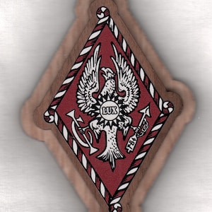 May include: A wooden diamond-shaped plaque with a red and white striped border. The center features a white eagle with outstretched wings, holding an anchor in each talon. The eagle stands on a red background with a white circle containing the word "LUX" and the number "1784".