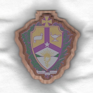 May include: A wooden plaque with a purple and gold crest featuring a star, a lamp, a scroll, and a sunrise. The crest is surrounded by green leaves and the text "Αλήθεια και Λόγος" is at the bottom.