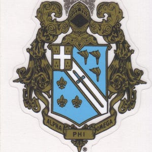 May include: A sticker featuring the Alpha Phi Omega Fraternity crest. The crest includes a shield with a white cross, sword, and fleur-de-lis on a light blue background, with the Greek letters ΑΦΩ below. The text "Alpha Phi Omega Fraternity" is at the top.