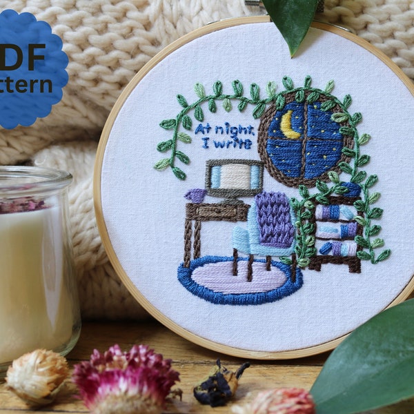 Writer Night Owl - Hand Embroidery Pattern PDF - Instant Digital Download - Nighttime Writing