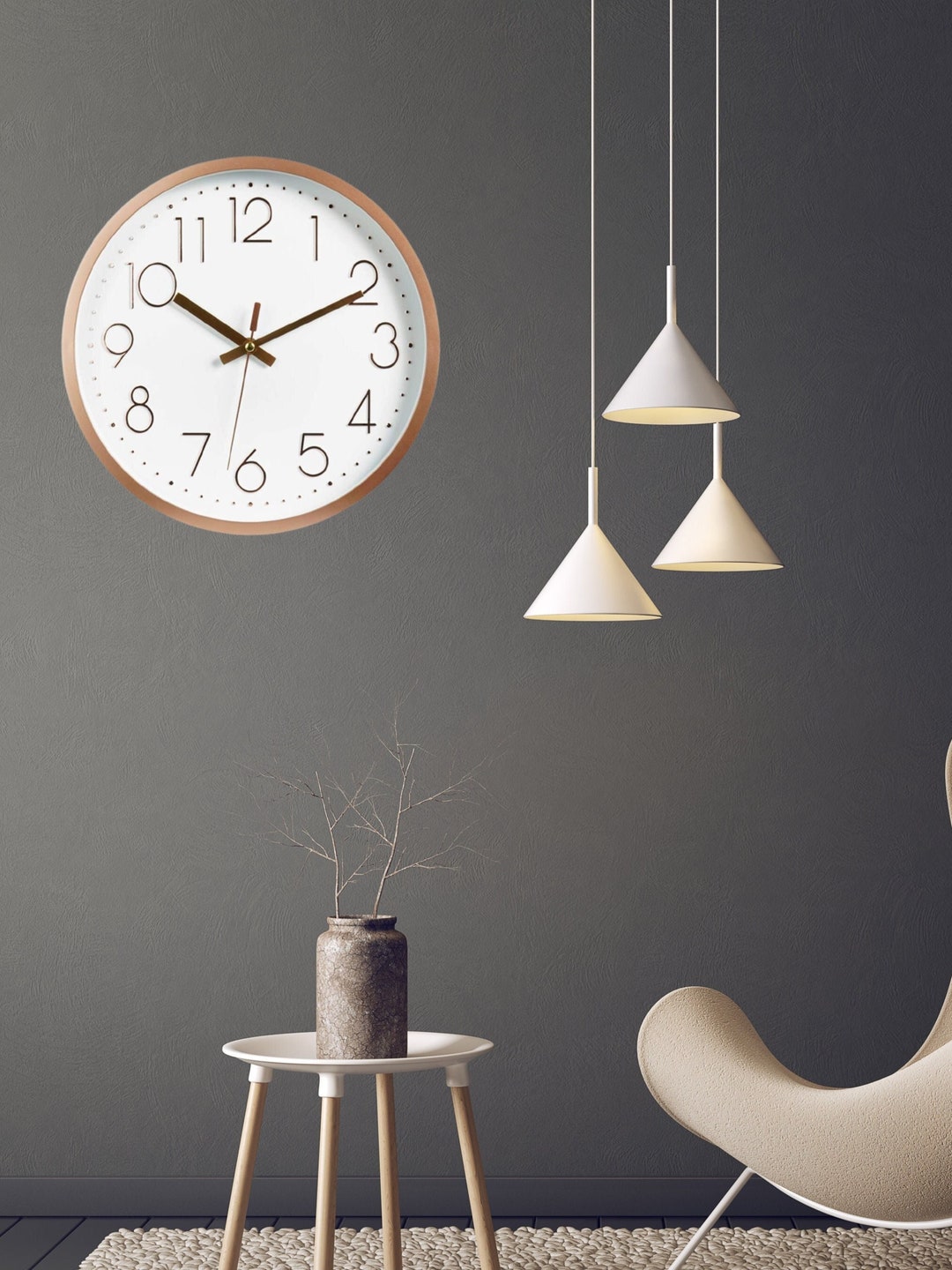 White and Rose Gold Wall Clock Silent Non Ticking Battery Etsy