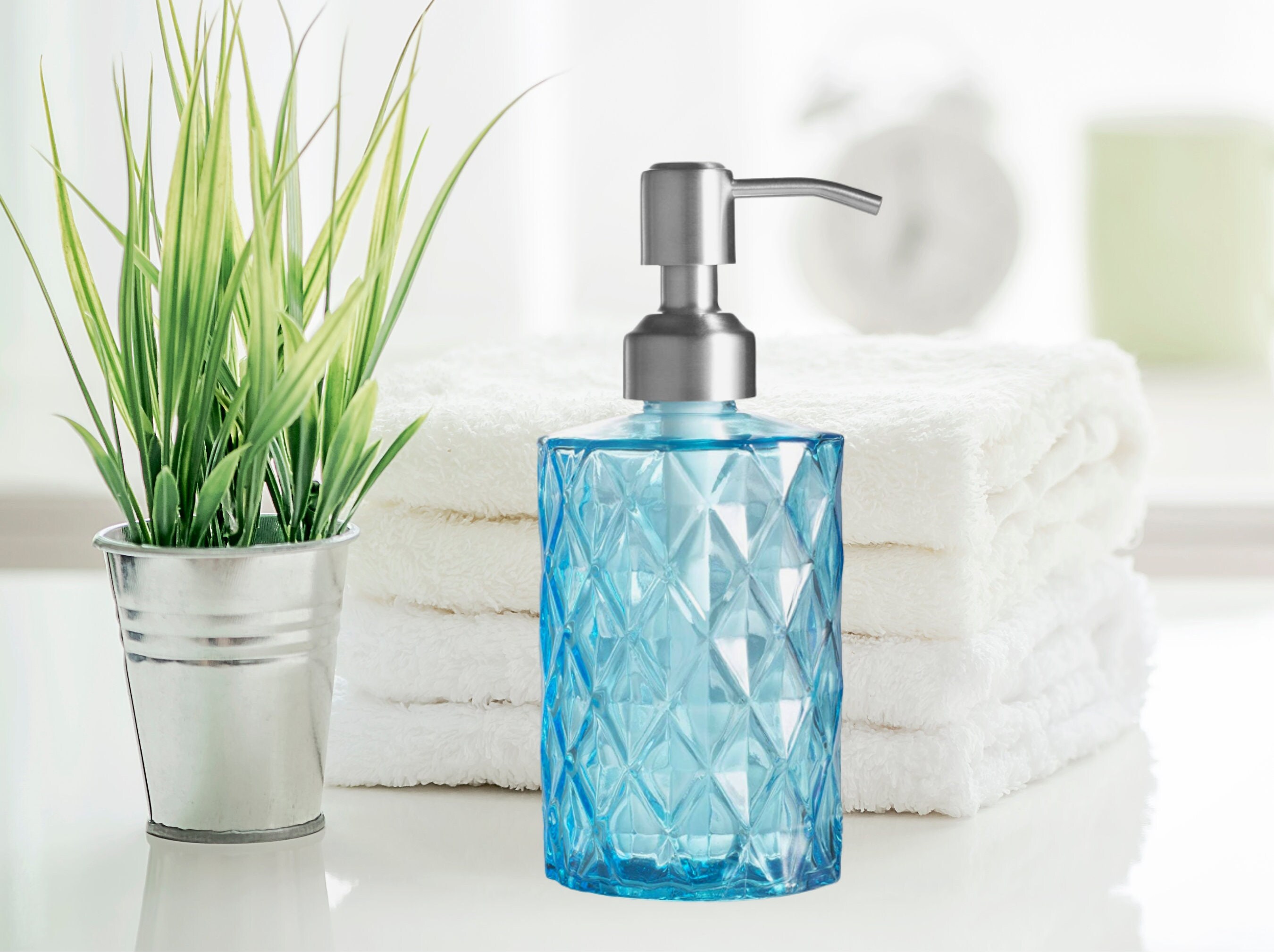 Blue Glass Soap Dispenser Liquid Pump Bottle Bathroom - Etsy