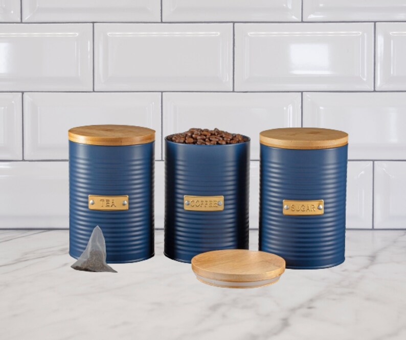Navy Blue Tea Coffee Sugar Kitchen Storage Canisters Etsy