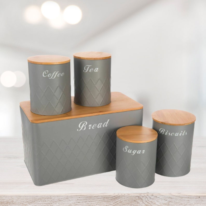 light grey 5 piece kitchen canisters and bread bin set