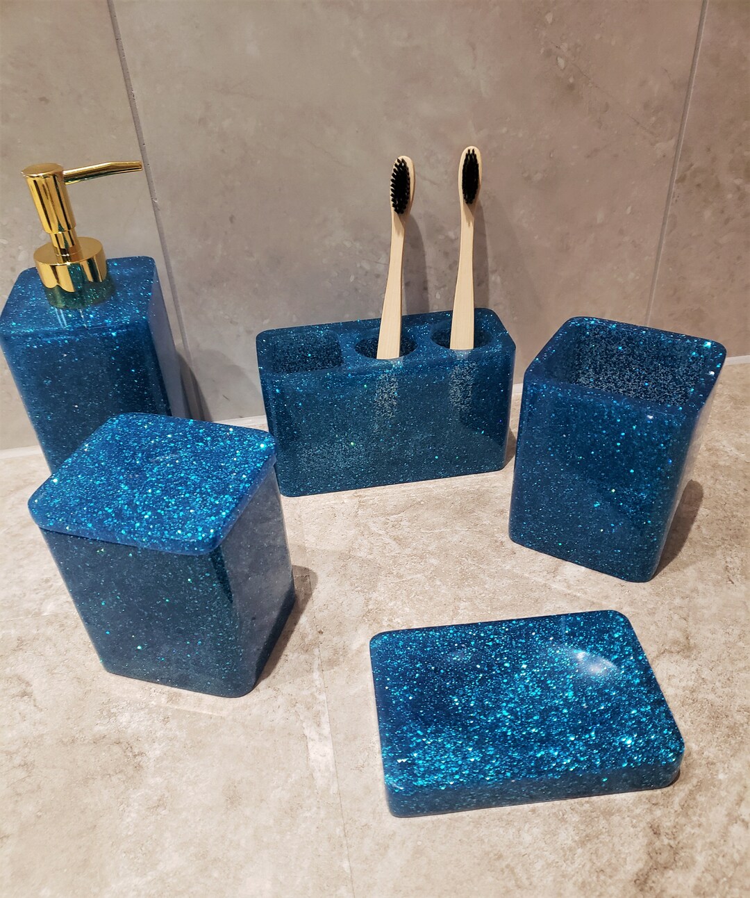 Blue Bathroom Accessories Set Blue Glitter Toilet Set Etsy