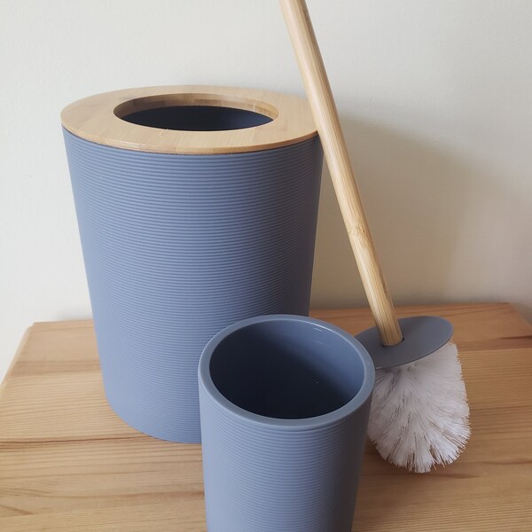 Bamboo Toilet Brush, Waste Bin, Ribbed Grey, Bathroom Set, Accessory Set, Recycled Plastic, Eco Set, Bathroom Accessories, Toilet Cleaner