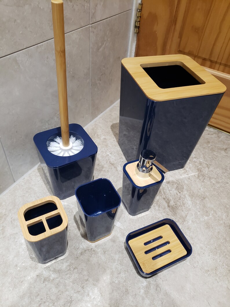 Navy Blue Bathroom Set Bamboo Trim Bathroom Accessories Etsy UK