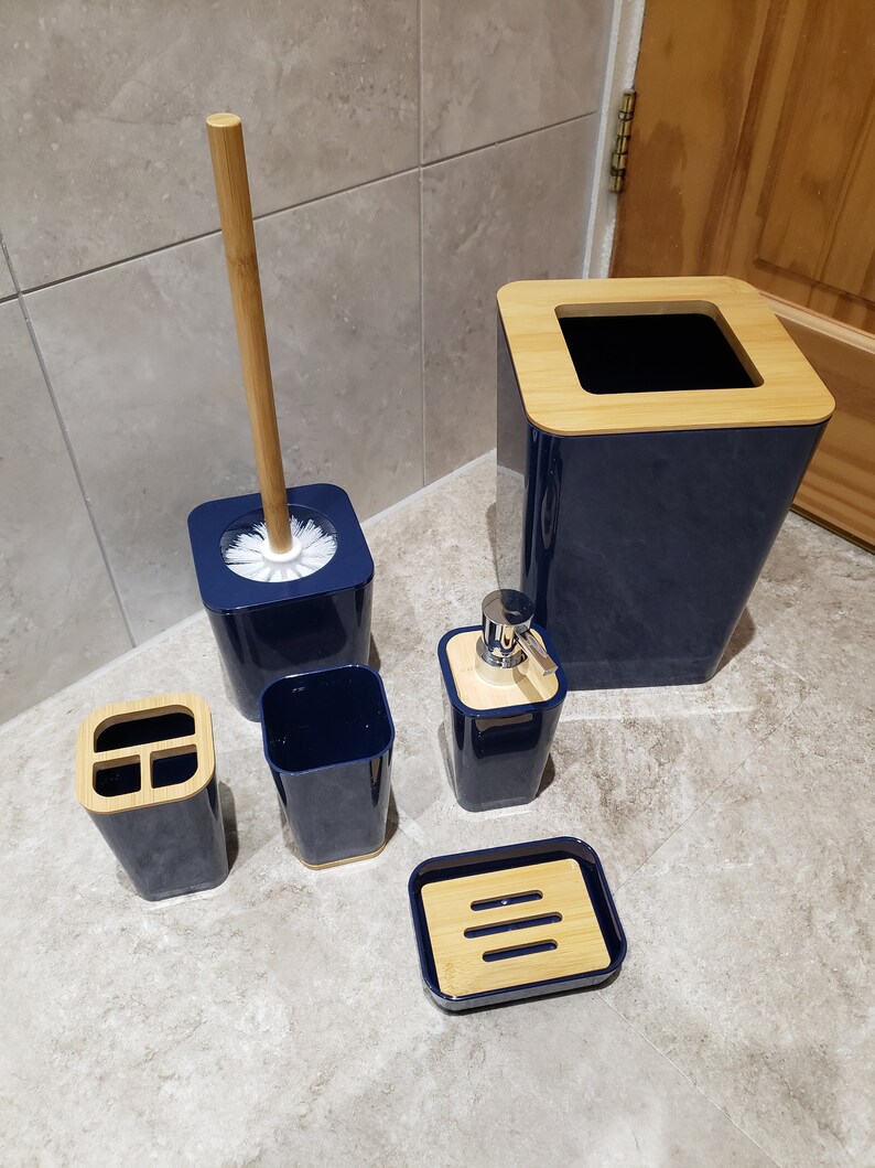 Navy Blue Bathroom Set Bamboo Trim Bathroom Accessories Etsy UK