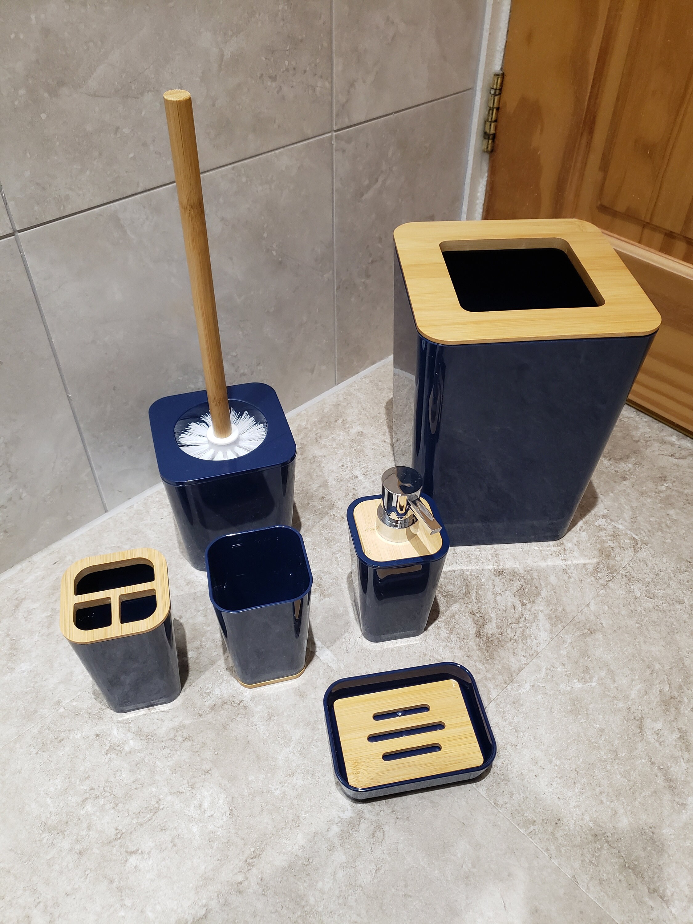 Navy Blue Bathroom Set Bamboo Trim Bathroom Accessories Etsy UK