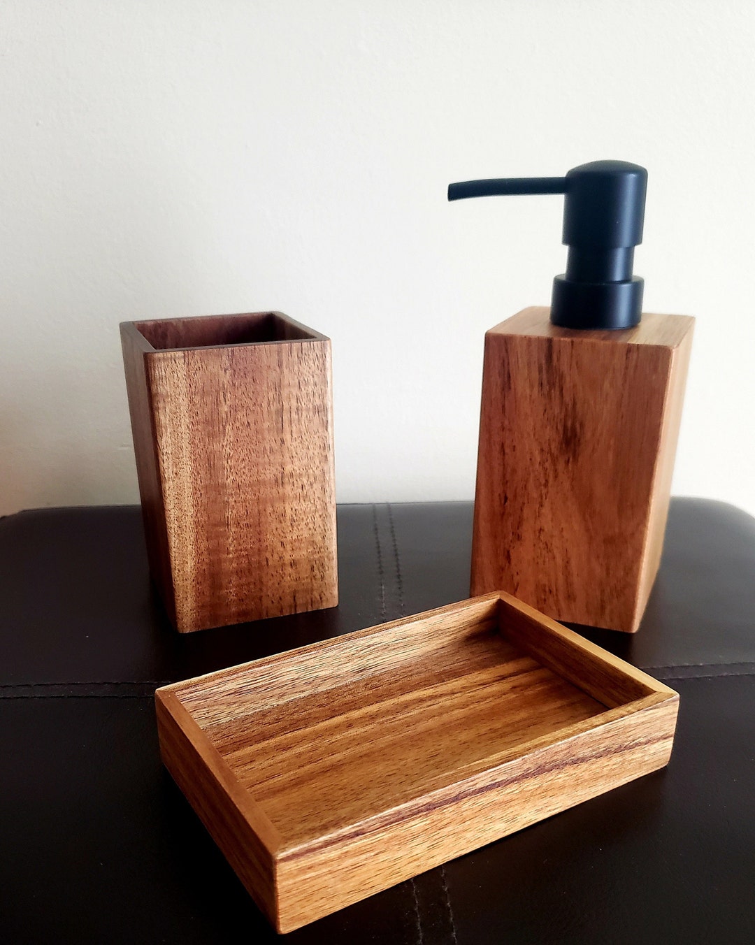 Acacia Wood Bathroom Accessories Set Wooden Soap Dispenser Etsy