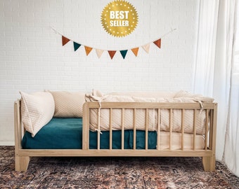 Hardwood Natural Montessori Toddler Floor Bed with Rails, Made in USA; sizes Twin, Full, Queen