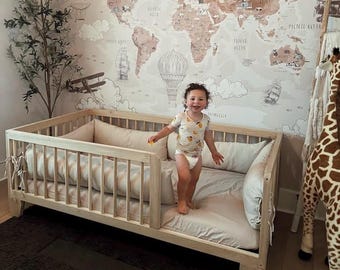 Hardwood Montessori Toddler Floor Bed with Rails: USA Made, Natural Poplar