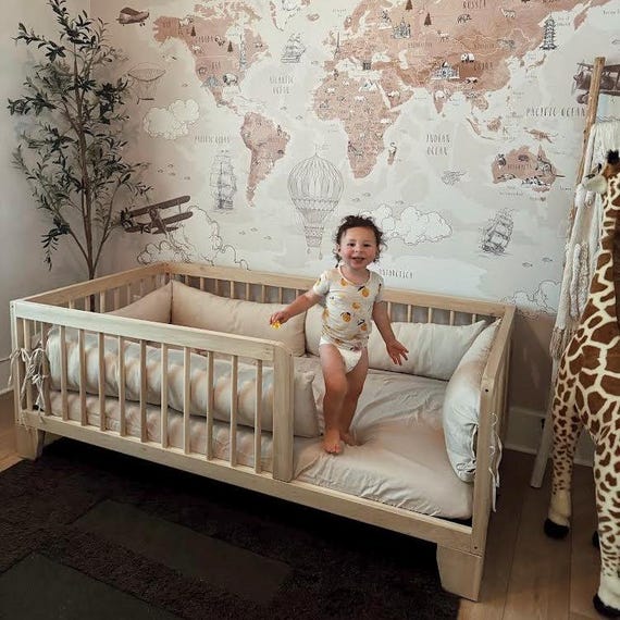 Hardwood Montessori Toddler Floor Bed with Rails: USA Made, Natural Poplar