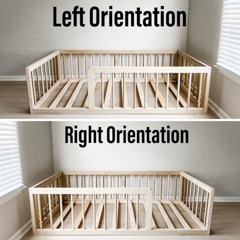 Op de afbeelding: Een houten bedframe met een laag profiel en lattenbodem, getoond in twee ori&euml;ntaties. Het frame heeft een reling aan drie zijden en een kortere relingsectie voor gemakkelijke toegang. De tekst "Left Orientation" en "Right Orientation" wordt weergegeven.