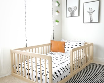 Hardwood Montessori Toddler Floor Bed with Rails: USA Made, Natural Poplar