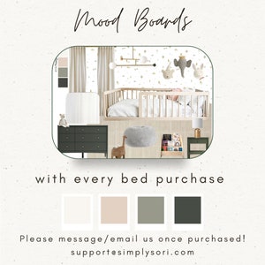K&ouml;nnte beinhalten: Ein Moodboard f&uuml;r ein Kinderzimmer mit einem Kinderbett, einer Kommode und dekorativen Elementen. Das Bild enth&auml;lt den Text "Mood Boards" und "with every bed purchase". Farbmuster sind unten abgebildet. Die E-Mail-Adresse support@simplysori.com ist ebenfalls enthalten.