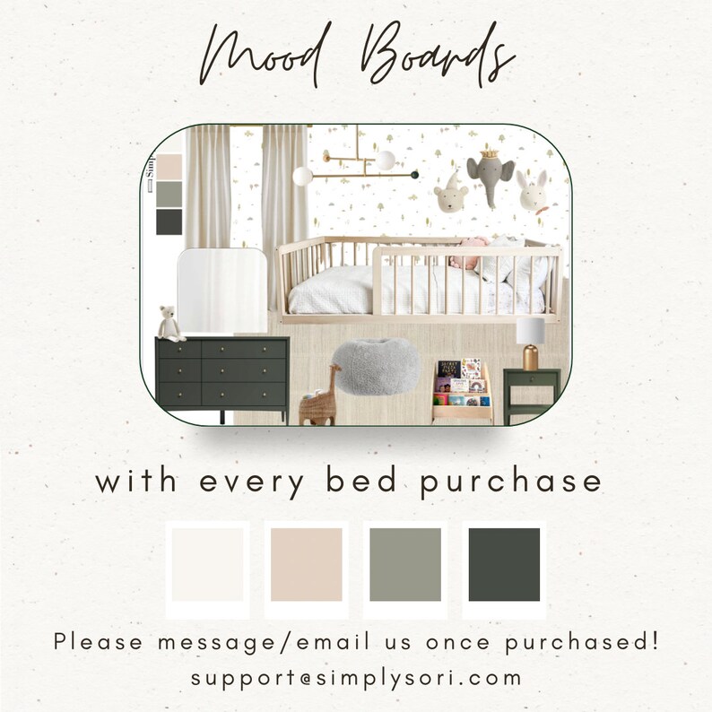 K&ouml;nnte beinhalten: Ein Moodboard f&uuml;r ein Kinderzimmer mit einem Kinderbett, einer Kommode und dekorativen Elementen. Das Bild enth&auml;lt den Text "Mood Boards" und "with every bed purchase". Farbmuster sind unten abgebildet. Die E-Mail-Adresse support@simplysori.com ist ebenfalls enthalten.