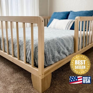 Hardwood Natural Montessori Toddler Floor Bed with Rails, Made in USA; sizes Twin, Full, Queen