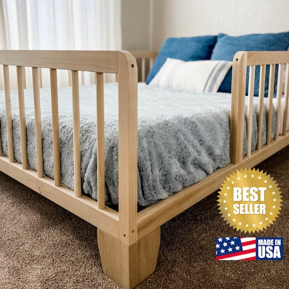 Natural Poplar Montessori Toddler Floor Bed with Rails - Made in USA