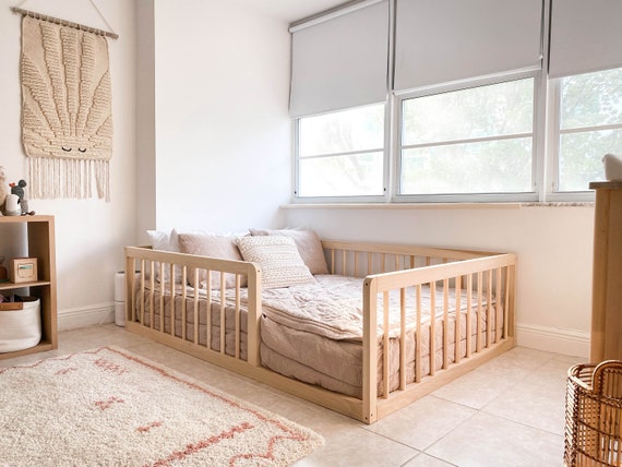 Natural Poplar Montessori Toddler Floor Bed with Rails - Made in USA