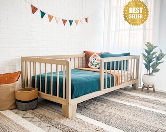 Hardwood Montessori Toddler Floor Bed with Rails: USA Made, Natural Poplar