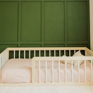 Hardwood White Montessori Floor Bed with Rails, Made in USA, Painted Toddler Bed; Twin, Full, Queen