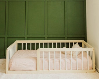 White Poplar Montessori Floor Bed with Rails: USA Made Toddler Bed