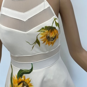 hand-painted sunflower white dress, customized party dress, gift for her, beautiful floral dress, artisan dress.