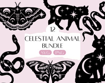 Celestial Animal Bundle SVG, Mystical Witchcraft Clipart, Mystic svg, Minimalist Halloween Witch Cat png, Cat Moth Snake Line Art for Cricut