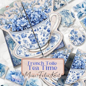 Kit de carnet de notes à fleurs en forme de tasse de thé en toile imprimable, kit folio de carnet de notes à fleurs florales dans une tasse à thé, éphémère vintage de Chinoiserie française [VF177]