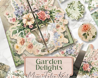 Może przedstawiać: Zestaw do scrapbookingu cyfrowego w stylu kwiatowym. Zestaw zawiera różne obrazy, w tym kwiaty, wazony i tekst. Tekst brzmi "Garden Delights Mini Folio Kit".