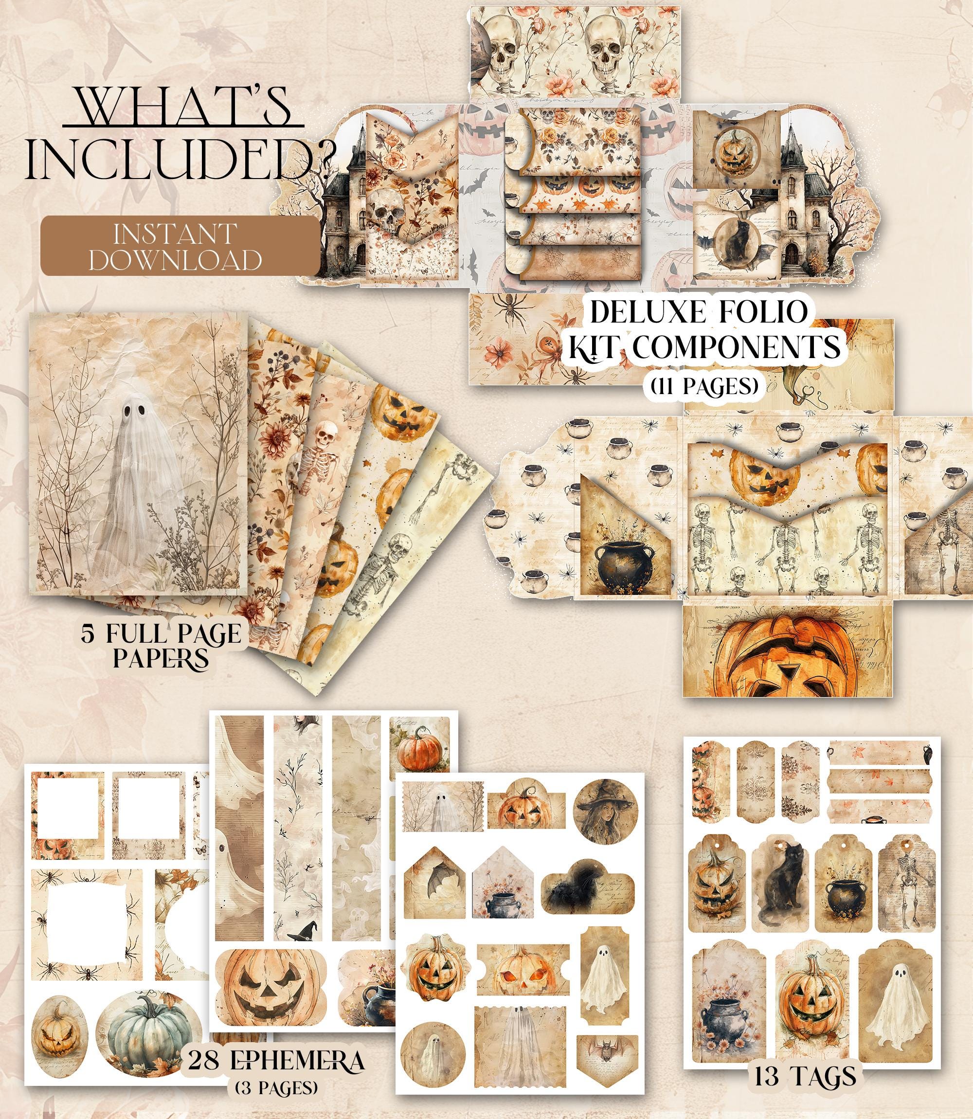 Halloween Junk Journal Kit Printable DELUXE Folio Pages Pumpkin ...